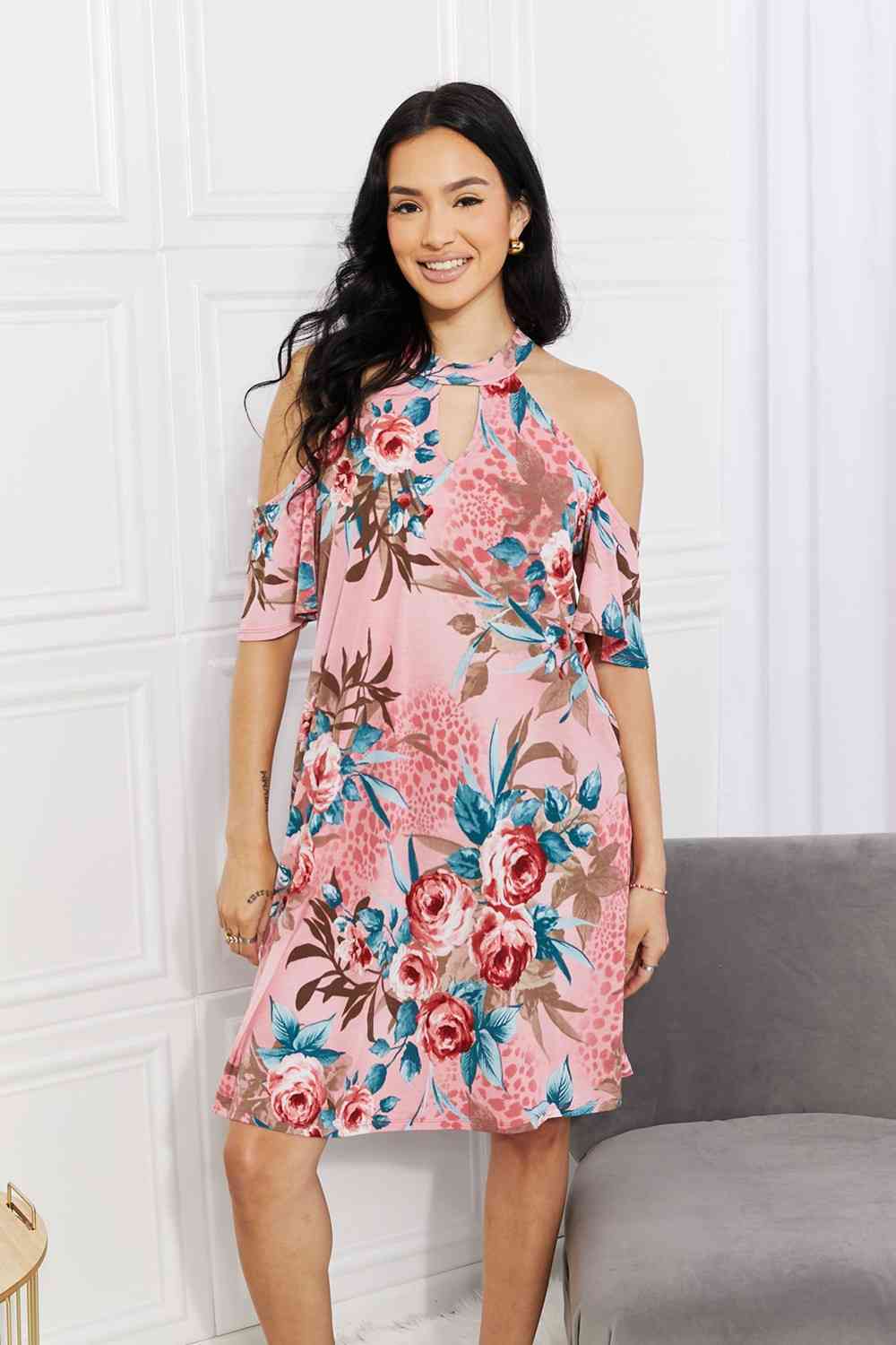 Sew In Love Full Size Fresh-Cut Flowers Cold-Shoulder Dress - AllIn Computer
