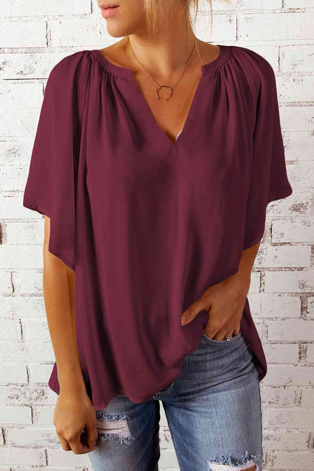 Gathered Detail Notched Neck Flutter Sleeve Top - AllIn Computer
