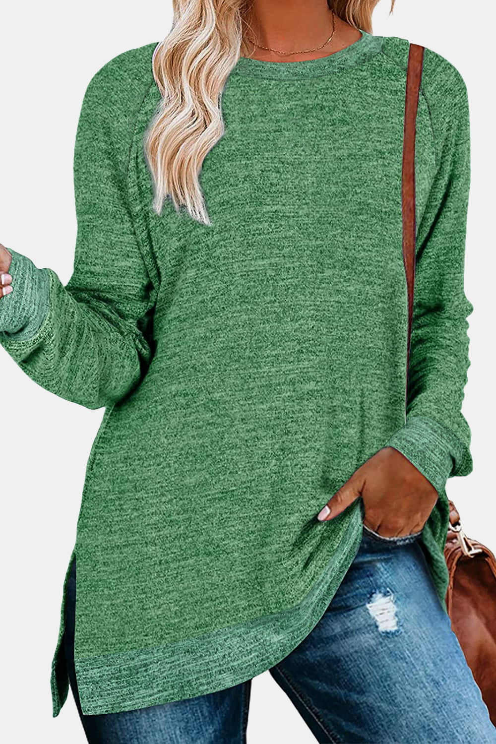 Round Neck Long Sleeve Slit T-Shirt - AllIn Computer