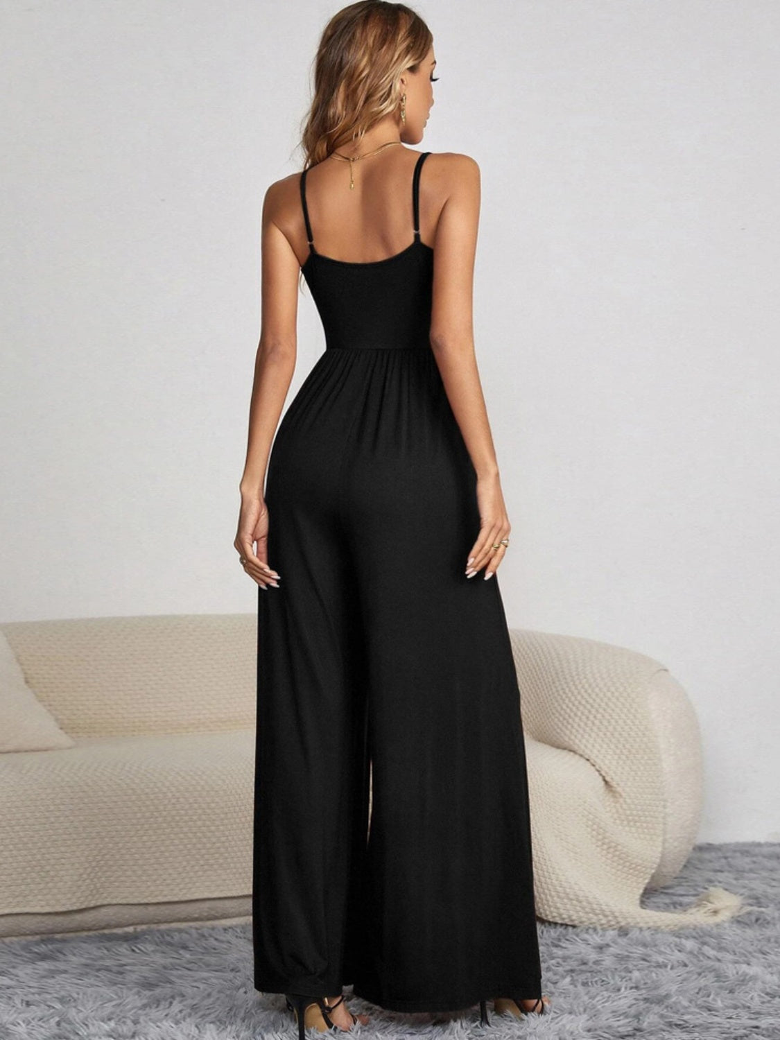Decorative Button Spaghetti Strap Wide Leg Jumpsuit - AllIn Computer