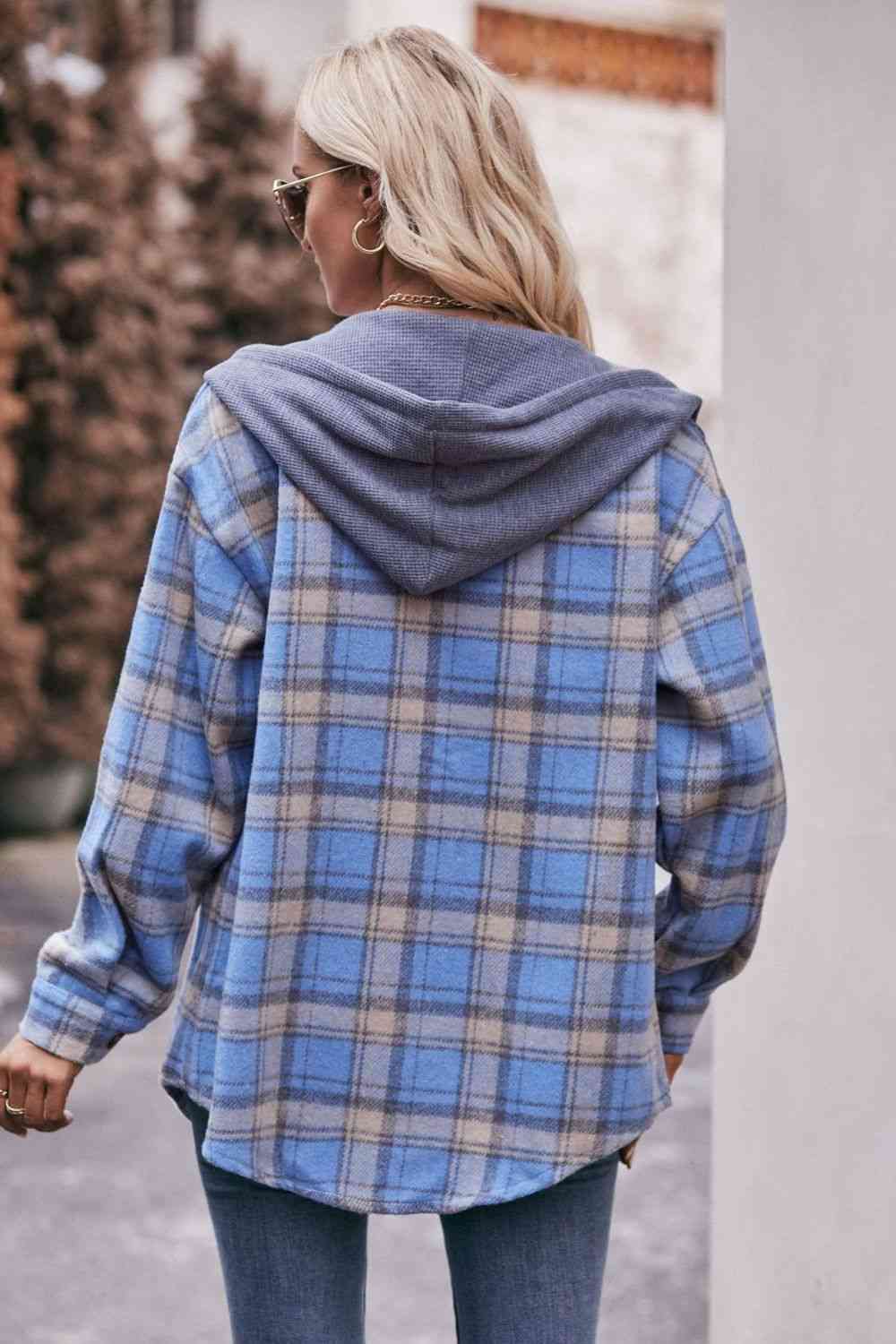 Plaid Dropped Shoulder Hooded Longline Jacket - AllIn Computer