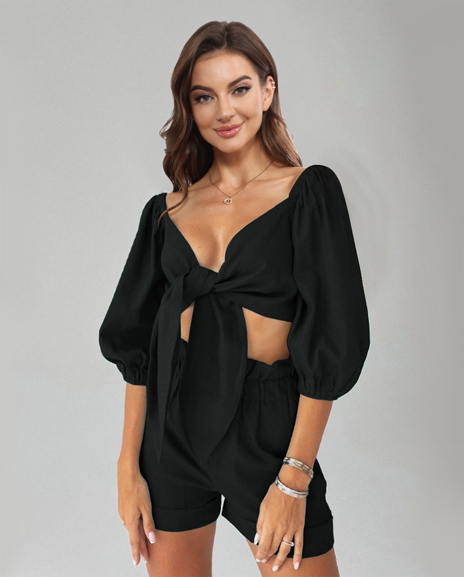 Cutout Puff Sleeve Top and Shorts Set - AllIn Computer