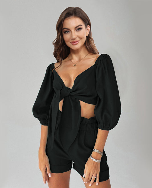 Cutout Puff Sleeve Top and Shorts Set - AllIn Computer