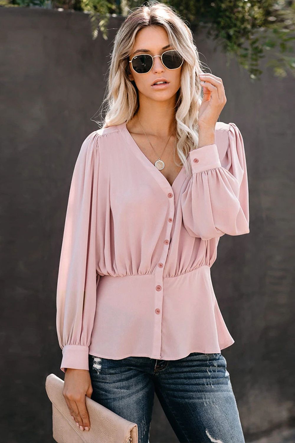 Buttoned Puff Sleeve Blouse - AllIn Computer