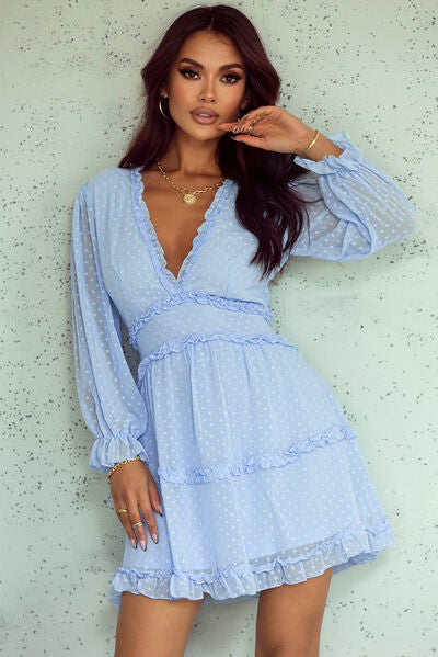 Swiss Dot Frill V-Neck Mini Dress - AllIn Computer