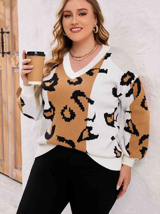 Plus Size Printed V-Neck Long Sleeve Sweater - AllIn Computer