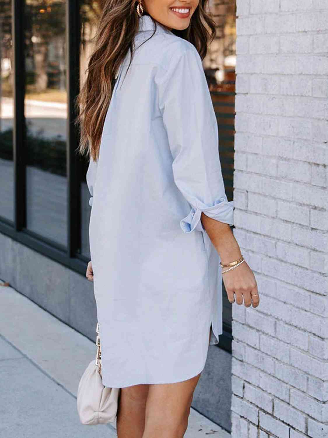 Button Up Collared Neck Long Sleeve Shirt Dress - AllIn Computer