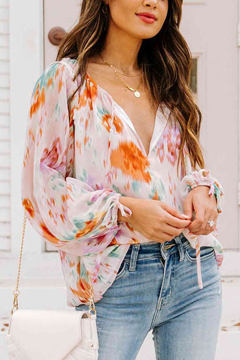 Printed Tie Neck Long Sleeve Blouse - AllIn Computer