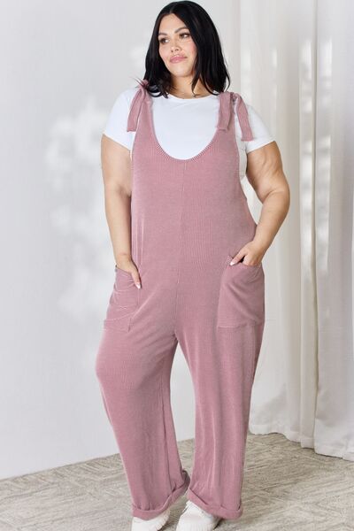 Celeste Full Size Ribbed Tie Shoulder Sleeveless Ankle Overalls - AllIn Computer