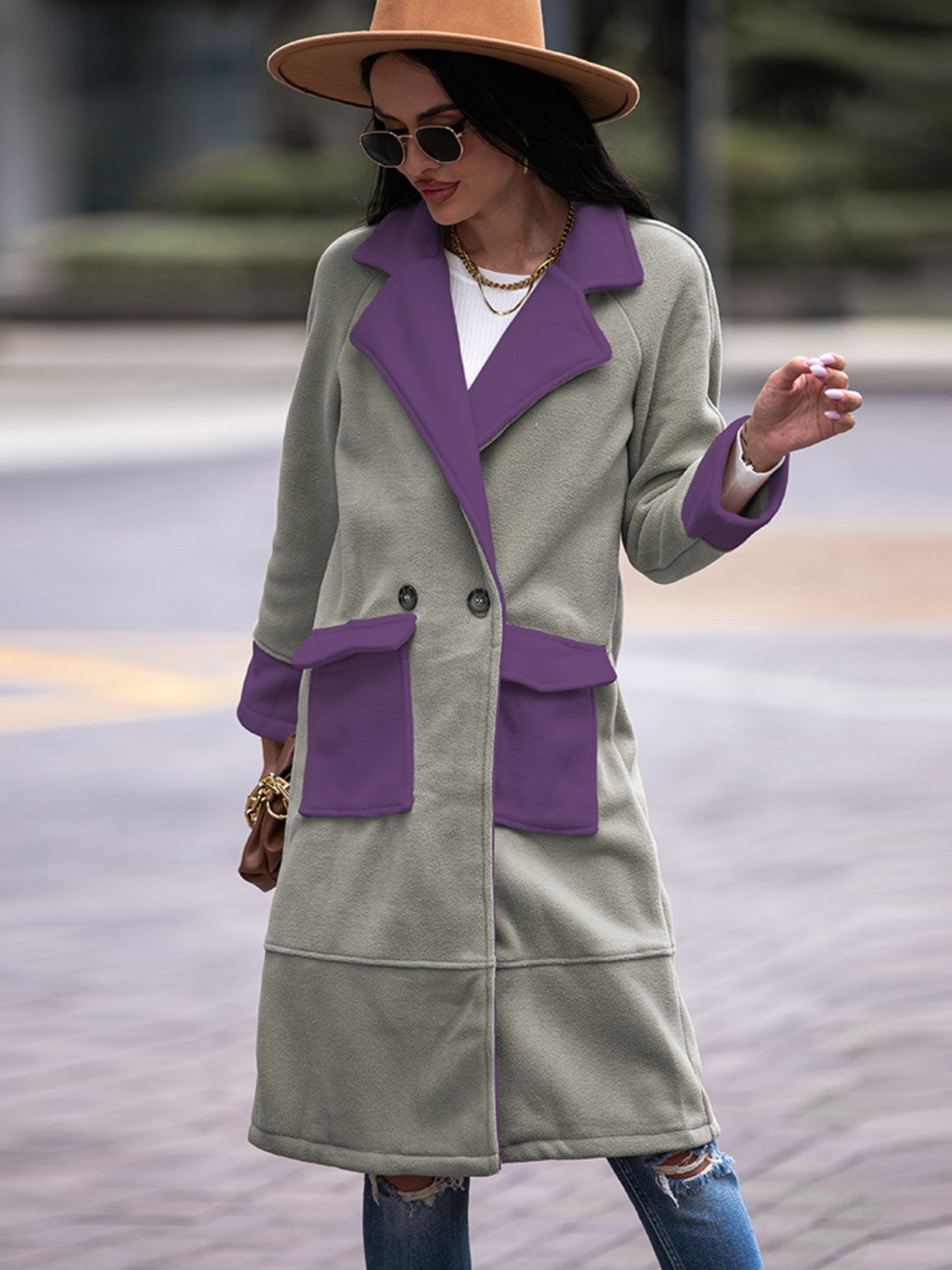Contrast Lapel Collar Coat with Pockets - AllIn Computer