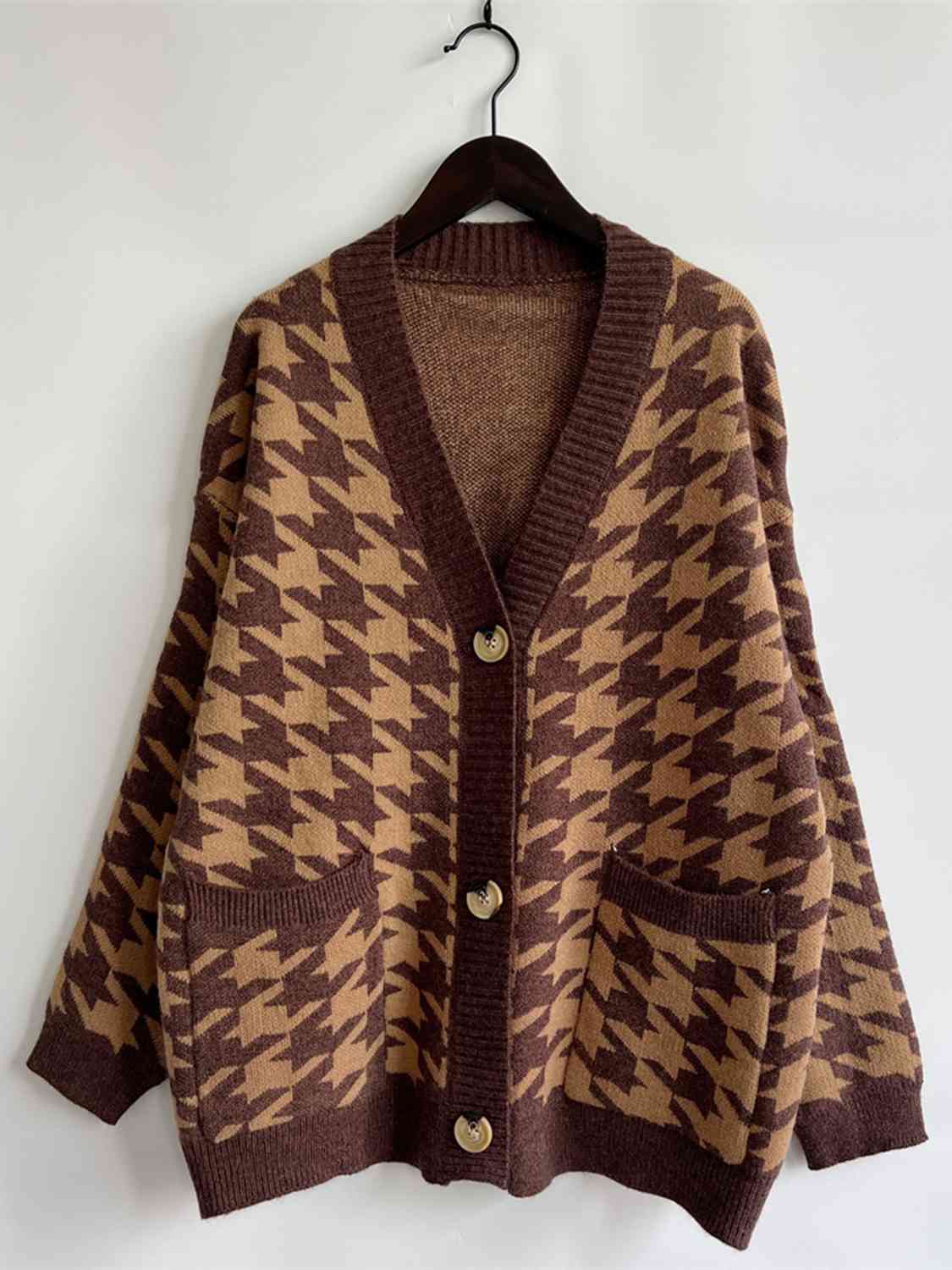 Houndstooth Botton Front  Cardigan with Pockets - AllIn Computer