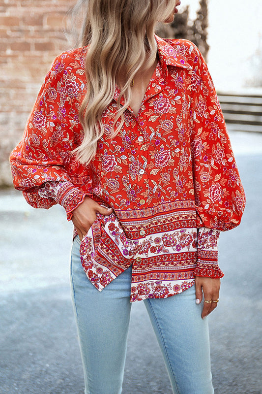 Printed Collared Neck Smocked Lantern Sleeve Shirt - AllIn Computer