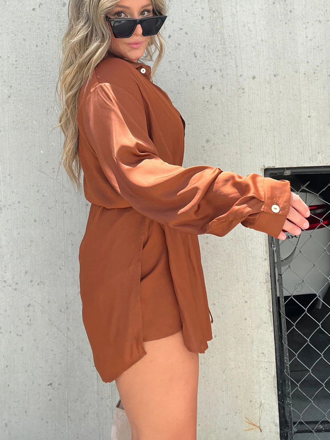Button Up Long Sleeve Slit Shirt and Shorts Set - AllIn Computer