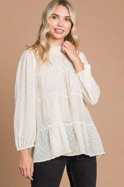 Culture Code Full Size Swiss Dot Smocked Mock Neck Blouse - AllIn Computer