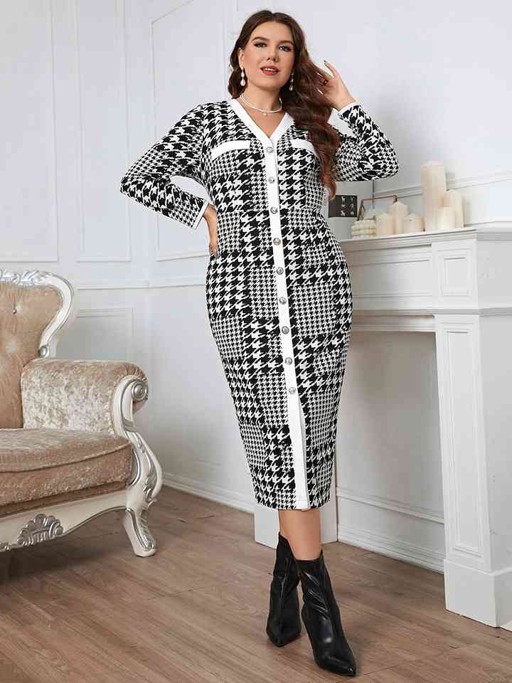 Plus Size Houndstooth Button-Down Long Sleeve Dress - AllIn Computer