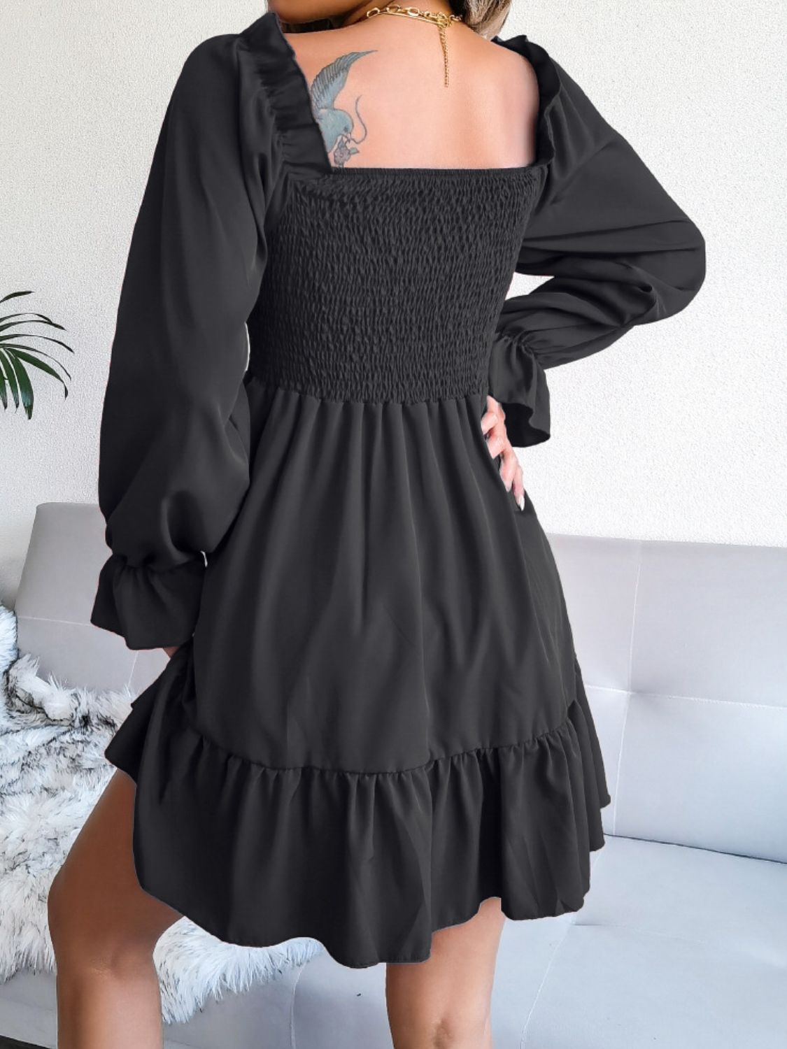 Smocked Flounce Sleeve Square Neck Dress - AllIn Computer