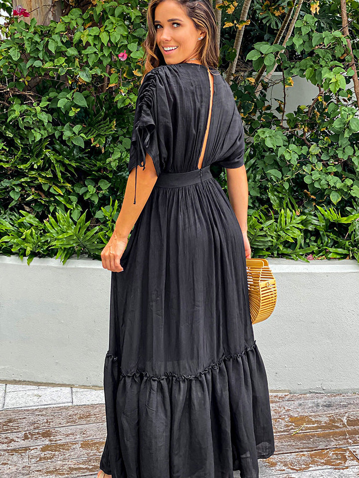 Plunge Neck Tie Sleeve Maxi Dress - AllIn Computer