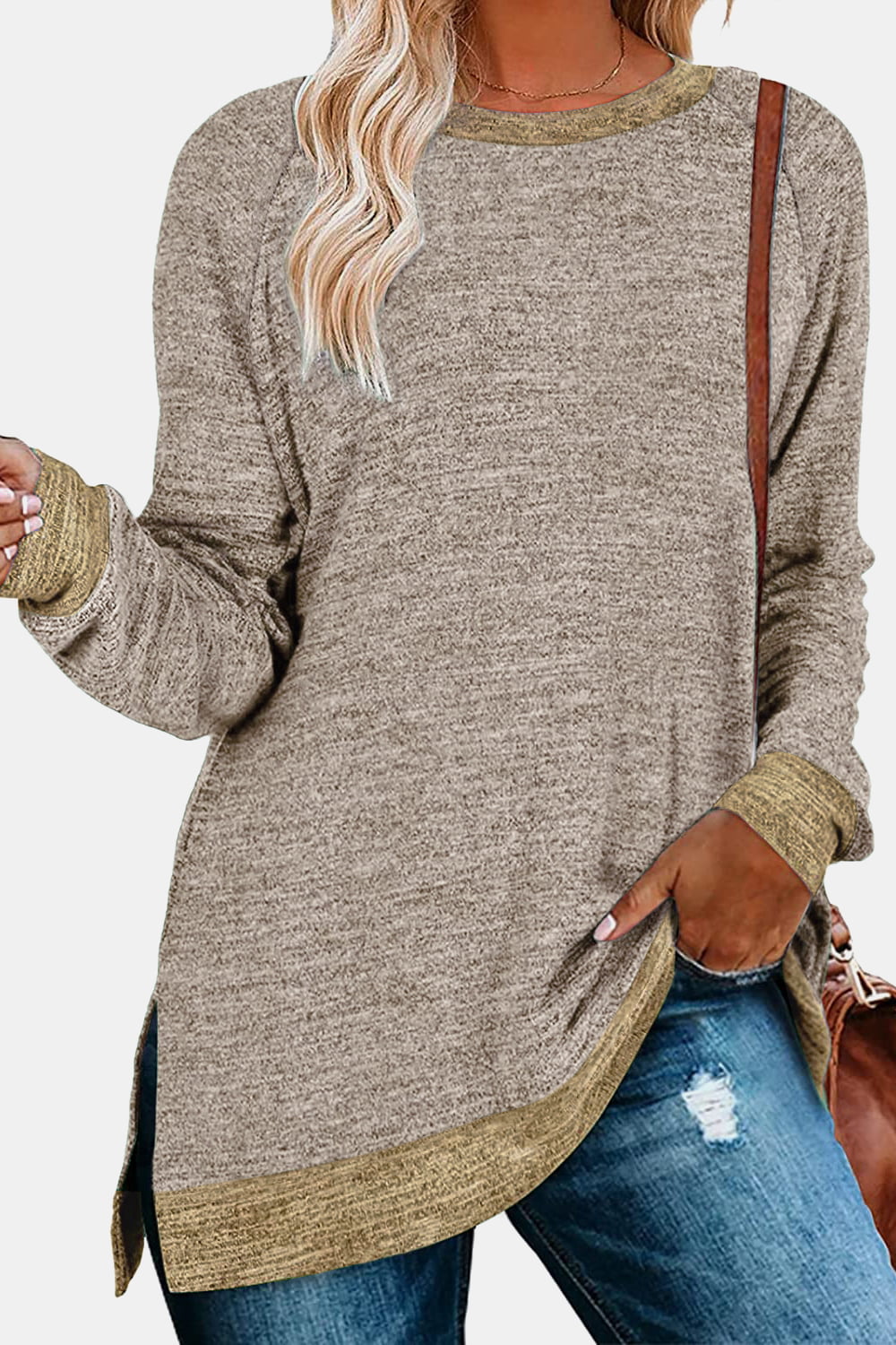Round Neck Long Sleeve Slit T-Shirt - AllIn Computer