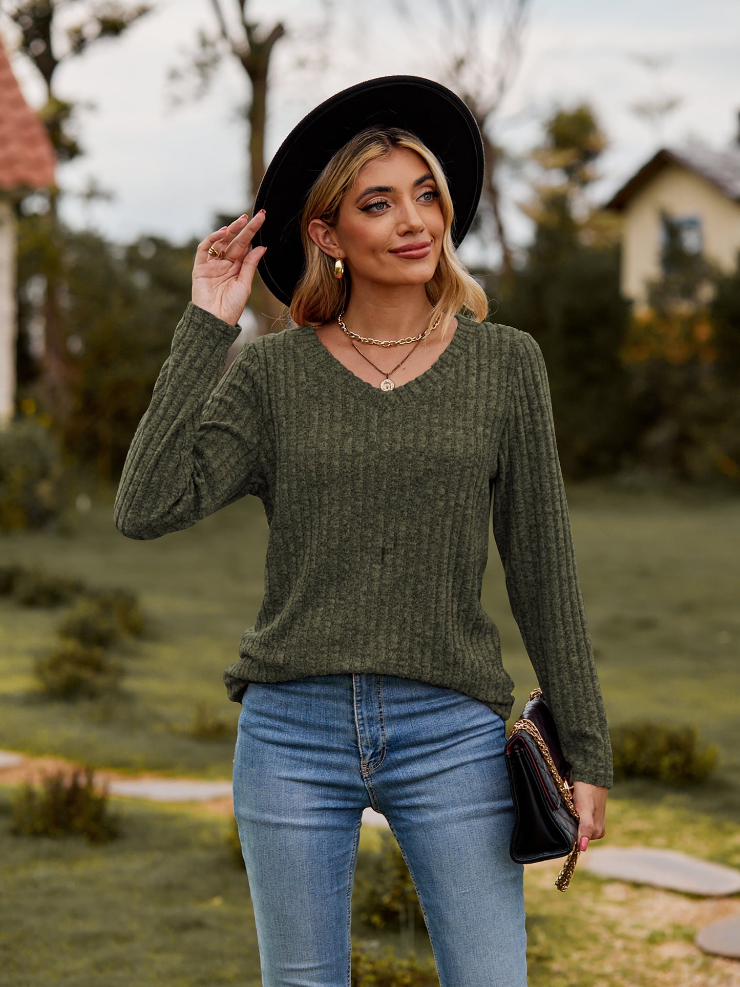 Ribbed V-Neck Long Sleeve Tee | CLOTHING,SHOES & ACCESSORIES | Lamy, plus size, Ship From Overseas, Shipping Delay 09/29/2023 - 10/02/2023, shirts, Shirts & Tops, t-shirts, tshirts, Women's Apparel, women's clothing, women's fashion | Trendsi