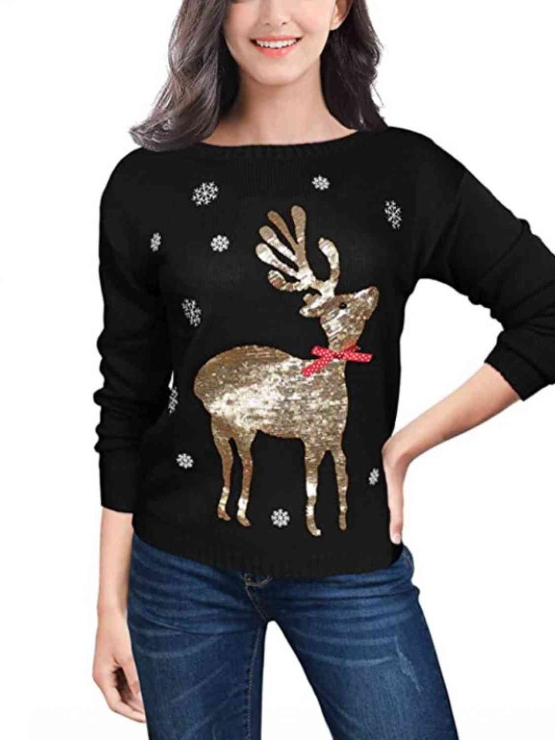 Sequin Reindeer Graphic Sweater - AllIn Computer