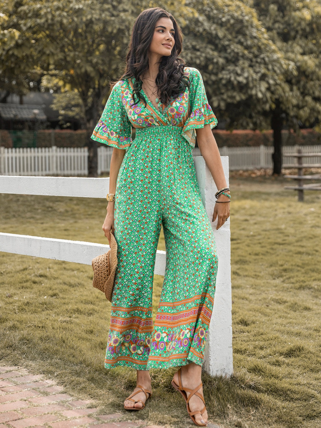Floral Surplice Flutter Sleeve Jumpsuit - AllIn Computer