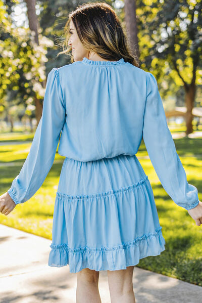 Frill Tie Neck Balloon Sleeve Dress - AllIn Computer