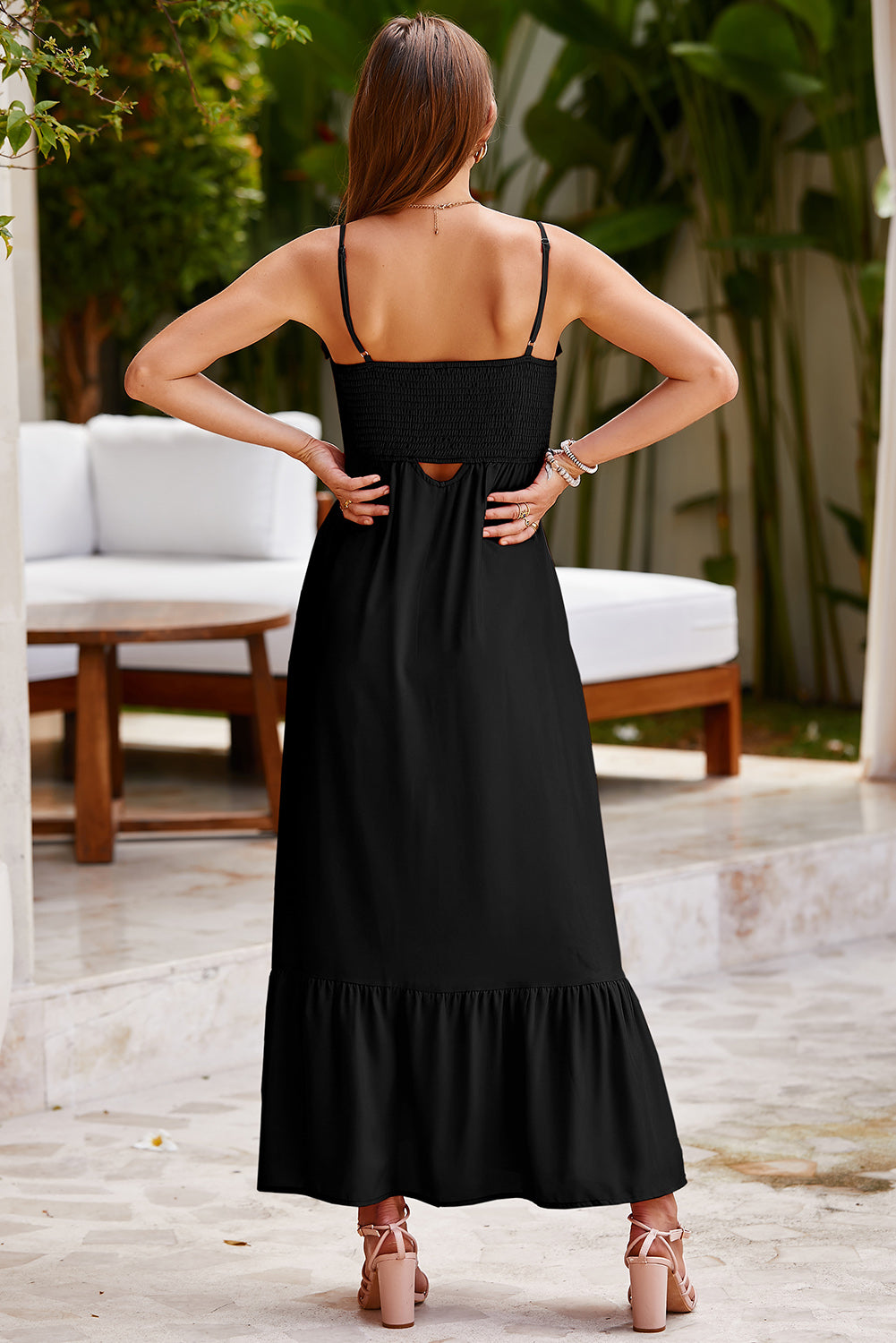 Smocked Spaghetti Strap Ruffle Hem Dress - AllIn Computer