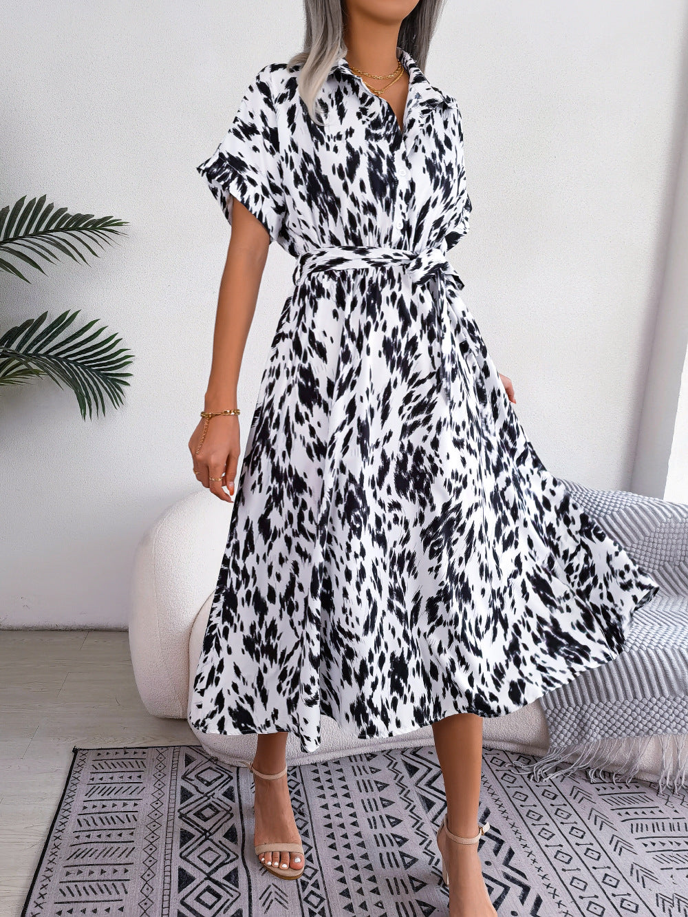 Printed Collared Neck Short Sleeve Tie Waist Dress - AllIn Computer