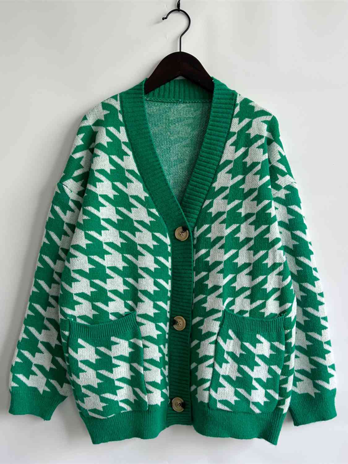 Houndstooth Botton Front  Cardigan with Pockets - AllIn Computer