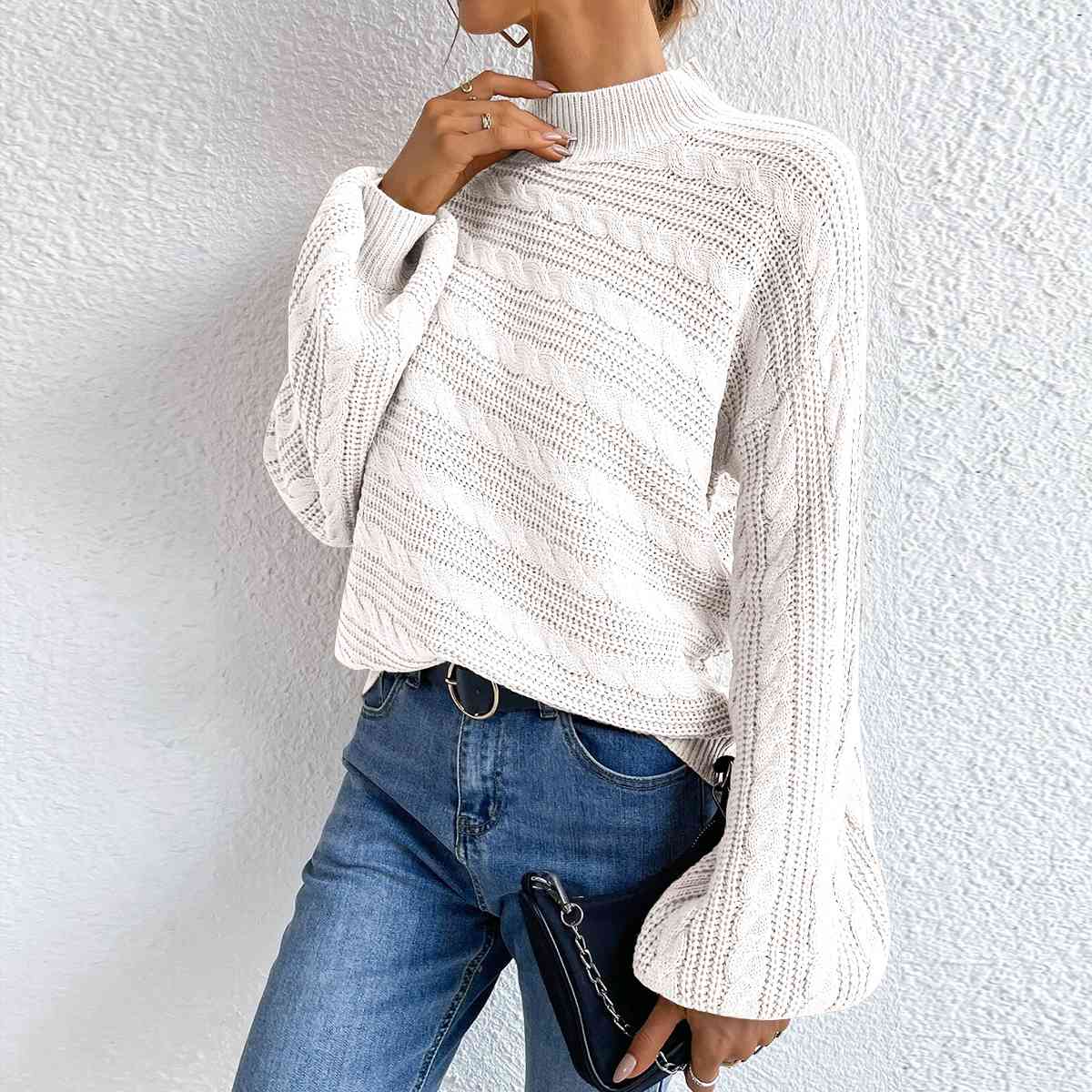 Cable-Knit Mock Neck  Long Sleeve Sweater - AllIn Computer