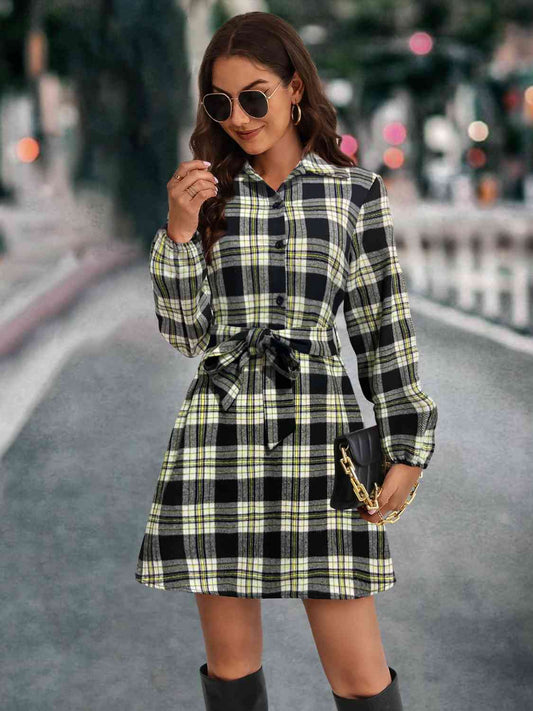 Plaid Tie Front Collared Neck Long Sleeve Dress - AllIn Computer