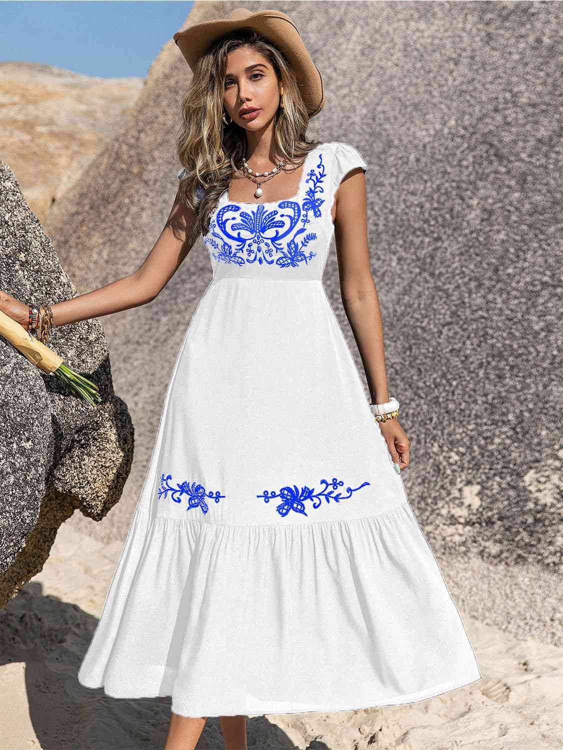 Embroidered Square Neck Ruffle Hem Dress - AllIn Computer