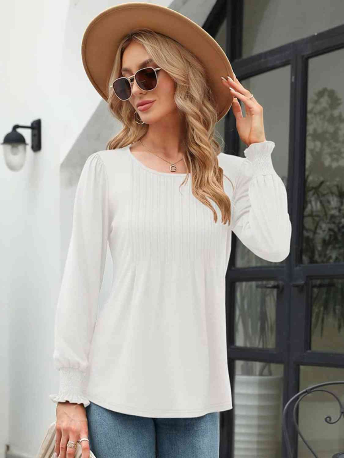 Smocked Round Neck Lantern Sleeve Blouse - AllIn Computer