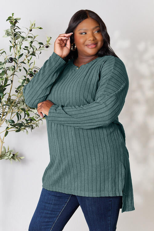 Basic Bae Full Size Ribbed Round Neck Long Sleeve Slit Top - AllIn Computer