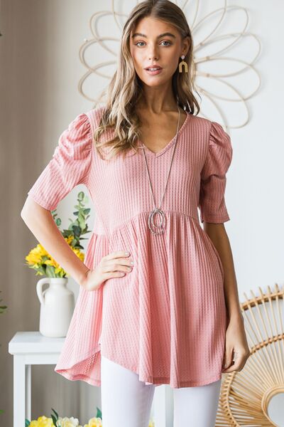 Heimish Full Size Waffle Knit V-Neck Babydoll Top - AllIn Computer