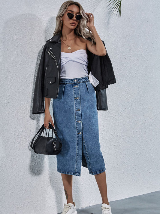 Button Down Denim Skirt - AllIn Computer