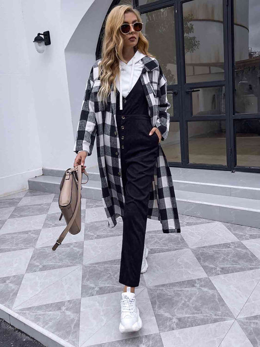 Plaid Collared Neck Slit Longline Coat - AllIn Computer