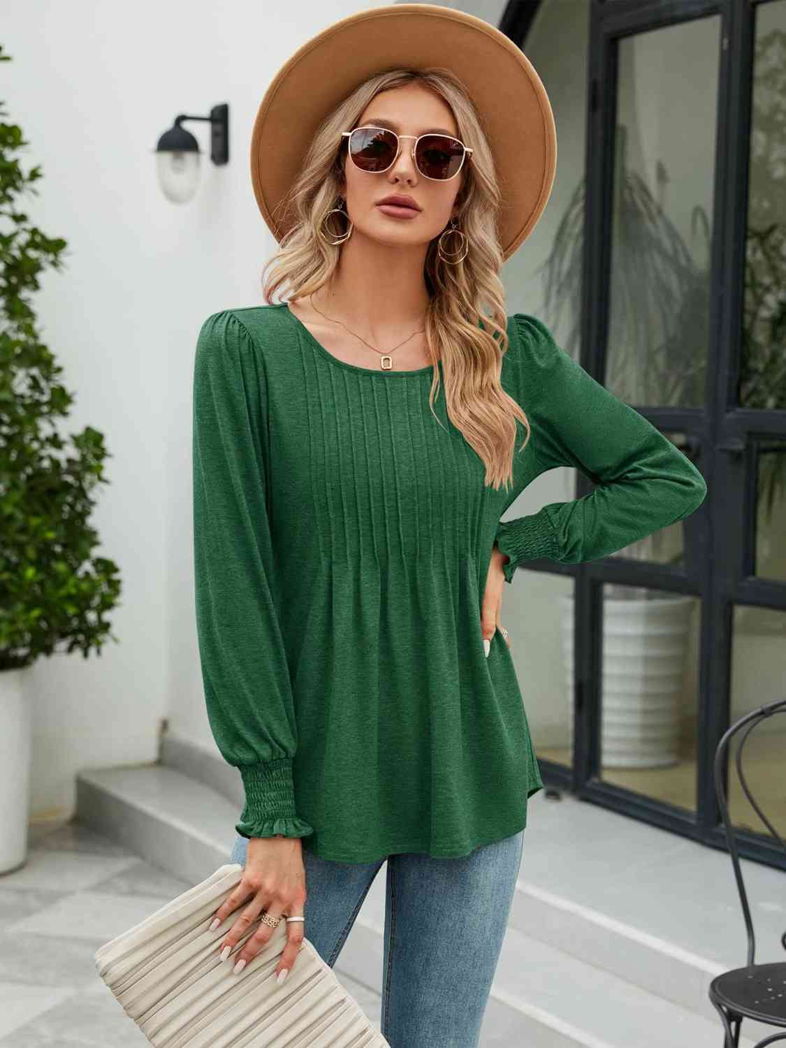 Smocked Round Neck Lantern Sleeve Blouse - AllIn Computer