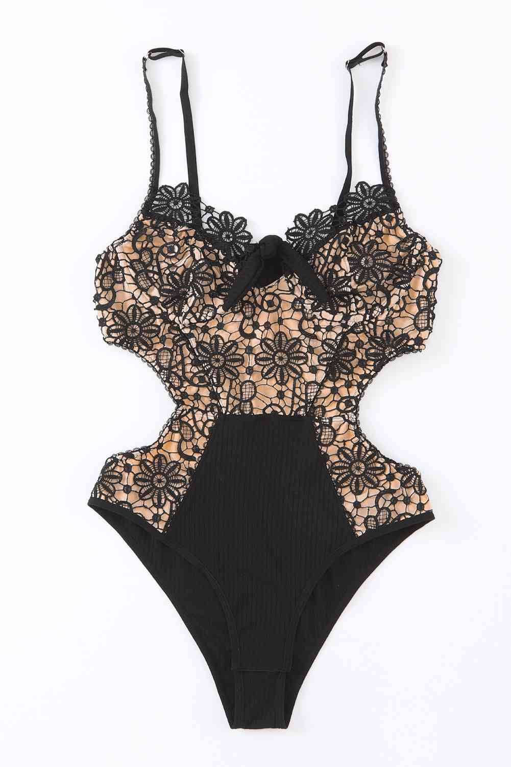 Lace Adjustable Spaghetti Strap Tied Bodysuit - AllIn Computer