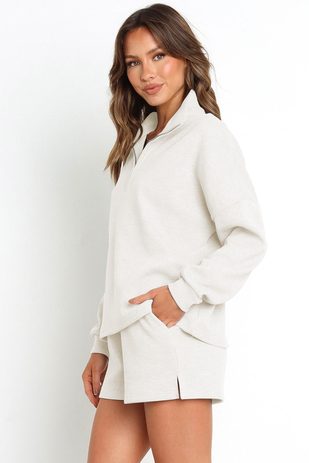 Collared Neck Zip-Up Top and Slit Shorts Set - AllIn Computer