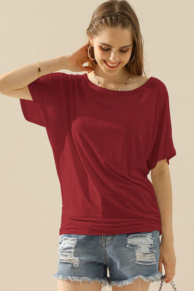Ninexis Boat Neck Short Sleeve Ruched Side Top - AllIn Computer