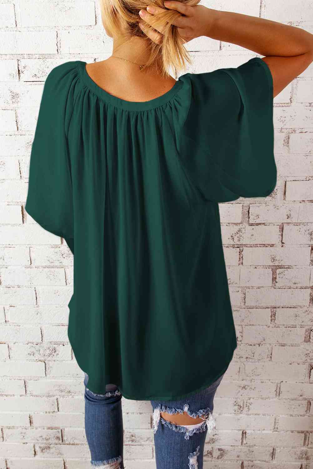 Gathered Detail Notched Neck Flutter Sleeve Top - AllIn Computer