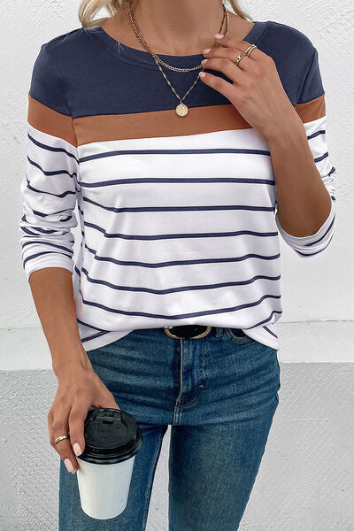 Striped Round Neck Long Sleeve T-Shirt - AllIn Computer