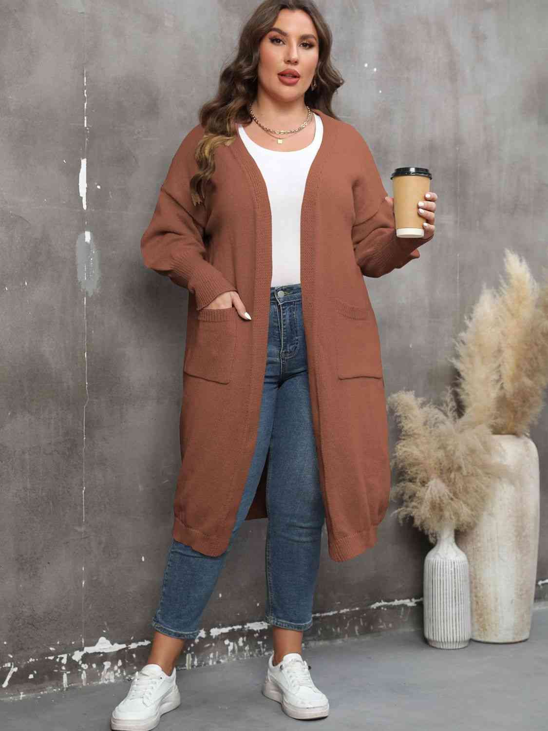 Plus Size Long Sleeve Pocketed Cardigan - AllIn Computer