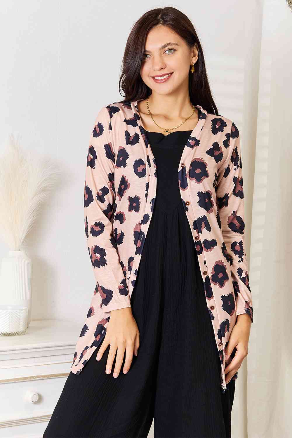 Double Take Printed Button-Front Longline Cardigan - AllIn Computer