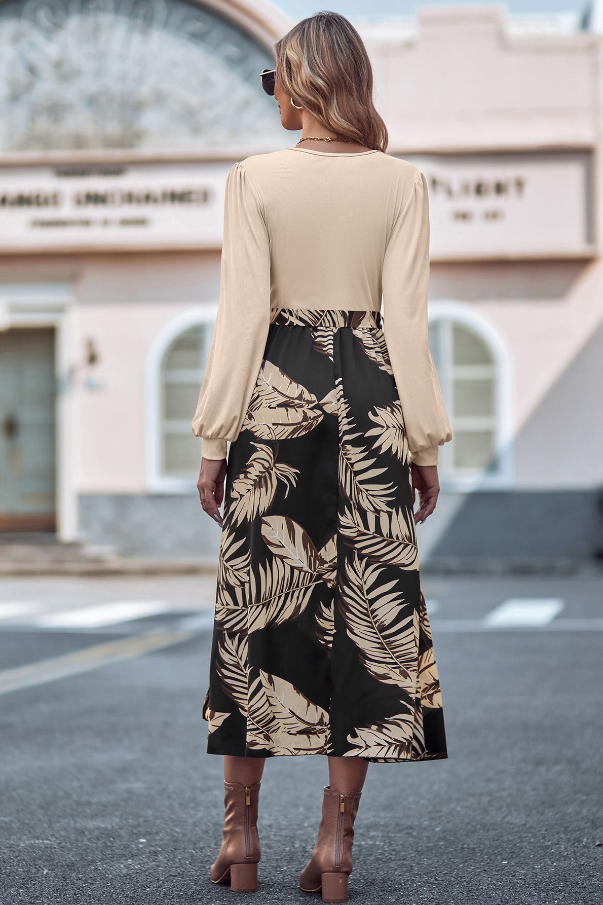 Printed Tie Waist Long Sleeve Dress - AllIn Computer