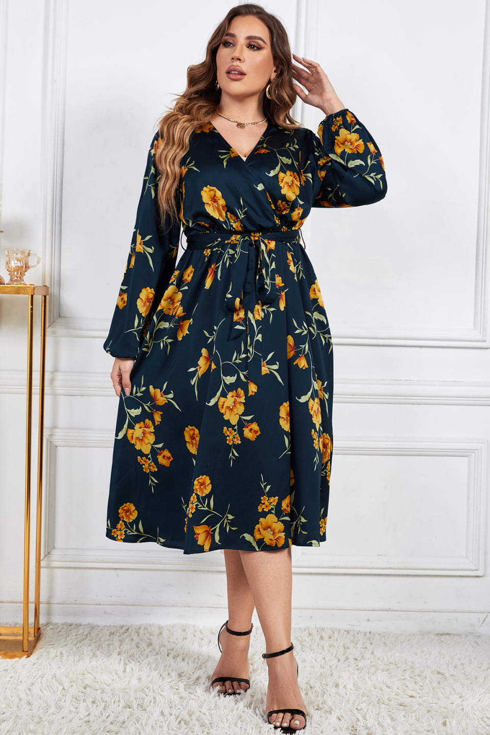 Melo Apparel Plus Size Floral Print Surplice Neck Midi Dress - AllIn Computer
