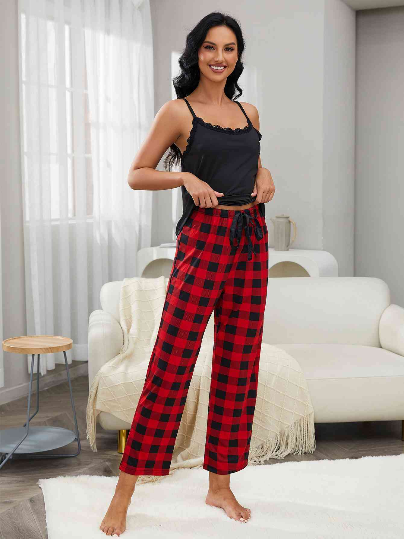 Lace Trim Cami and Plaid Pants Lounge Set | CLOTHING,SHOES & ACCESSORIES | H2J, lounge wear, loungewear, outfit sets, Ship From Overseas | Trendsi