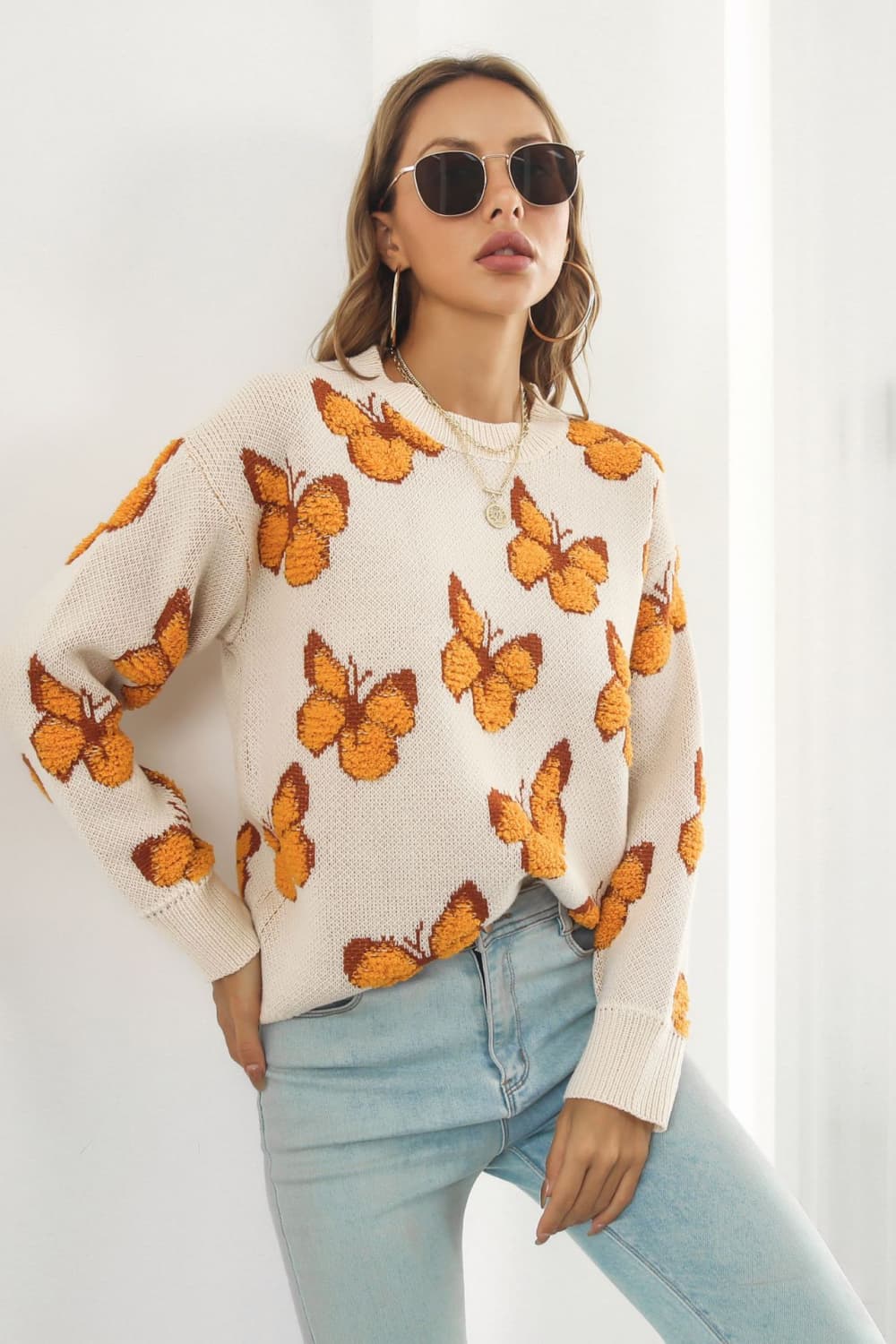 Butterfly Pattern Round Neck Dropped Shoulder Sweater - AllIn Computer