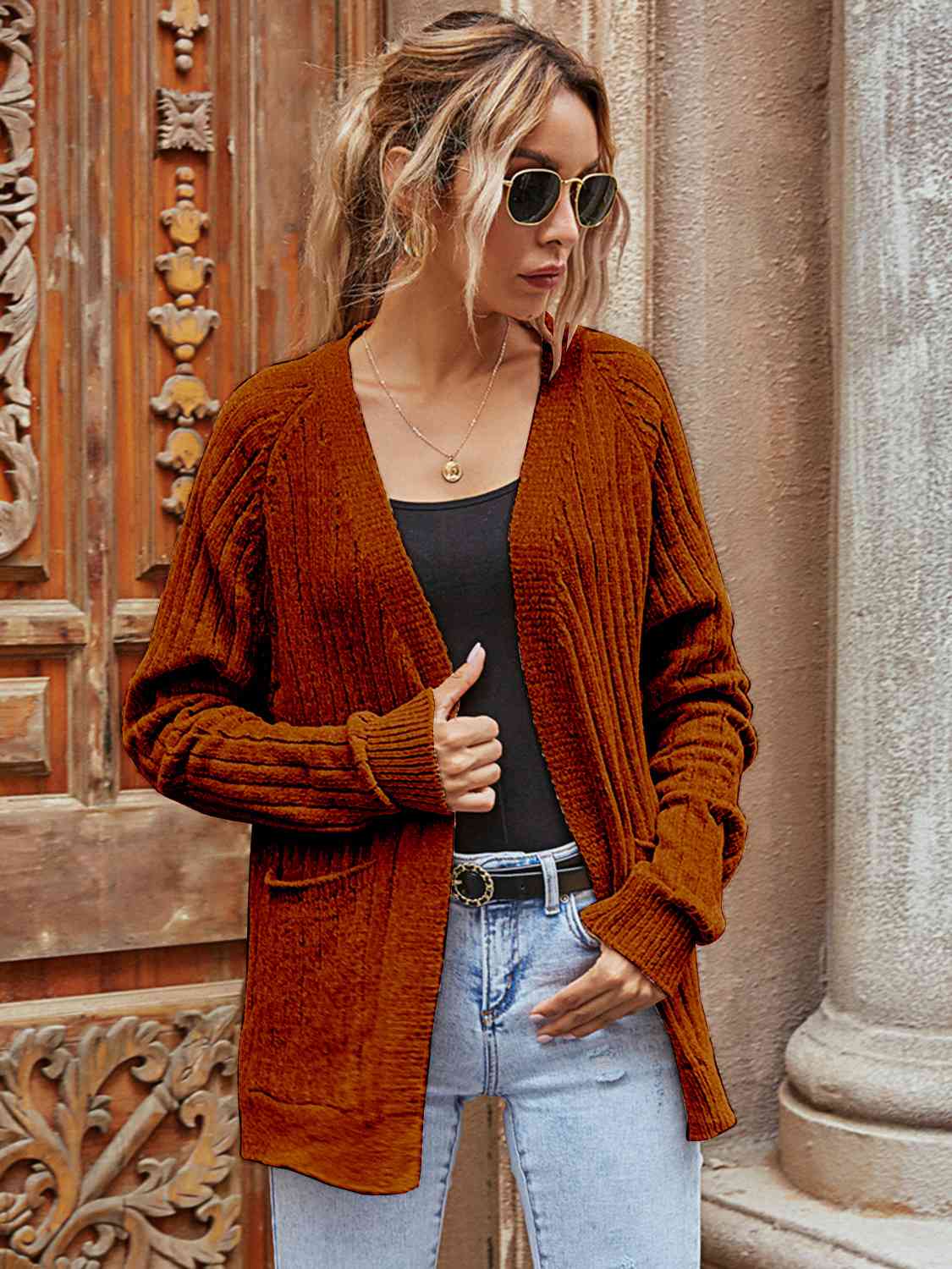 Ribbed Open Front Long Sleeve Cardigan with Pockets - AllIn Computer